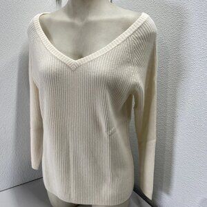 State Cashmere Off-Shoulder V-Neck Sweater • Size XL • Undyed White